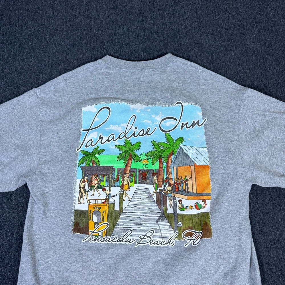 Gildan Paradise Inn Pensacola Beach Graphic T-Shirt Mens Medium Gray Cotton